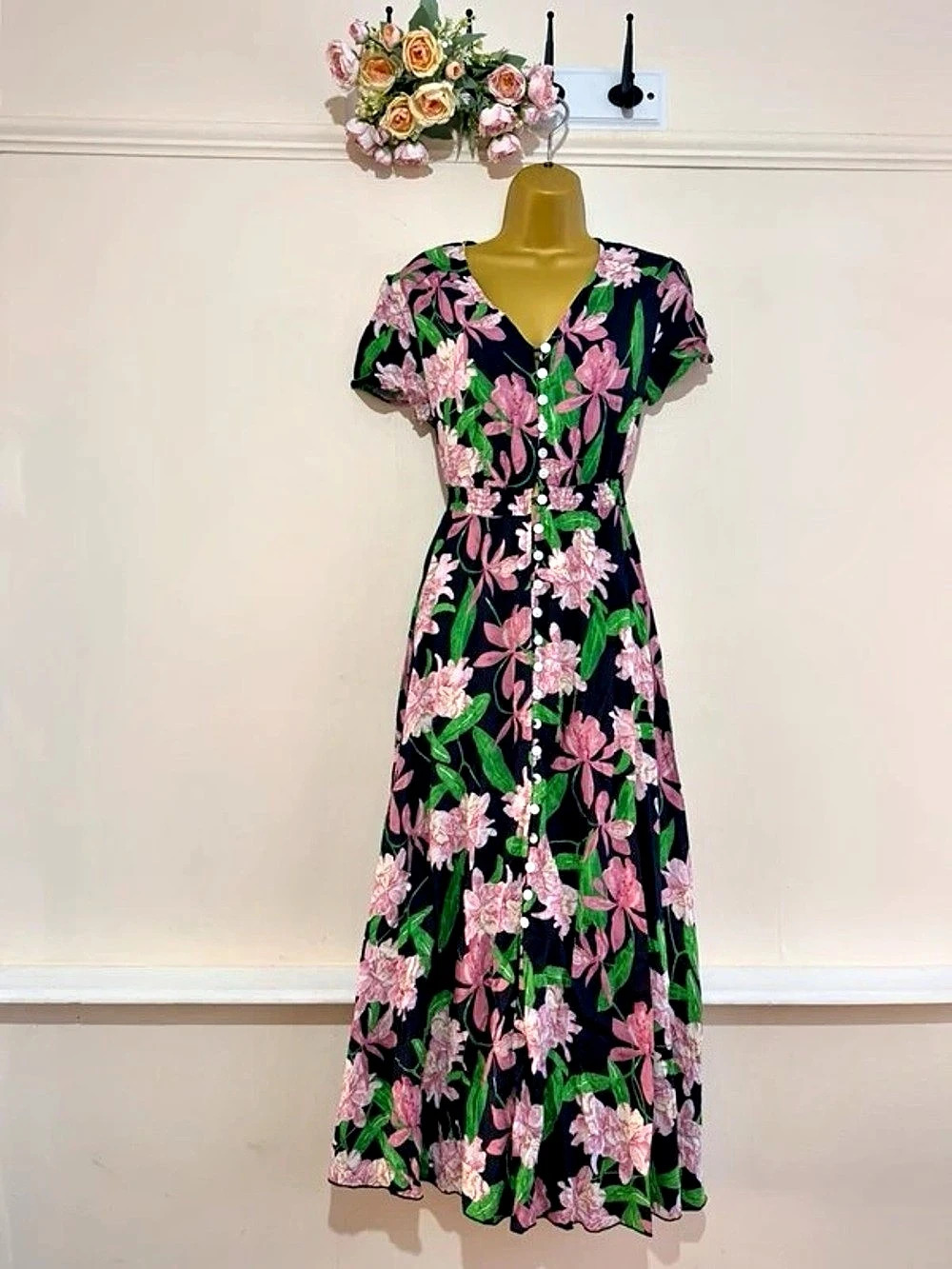 Floral Maxi Dress in Black & Pink